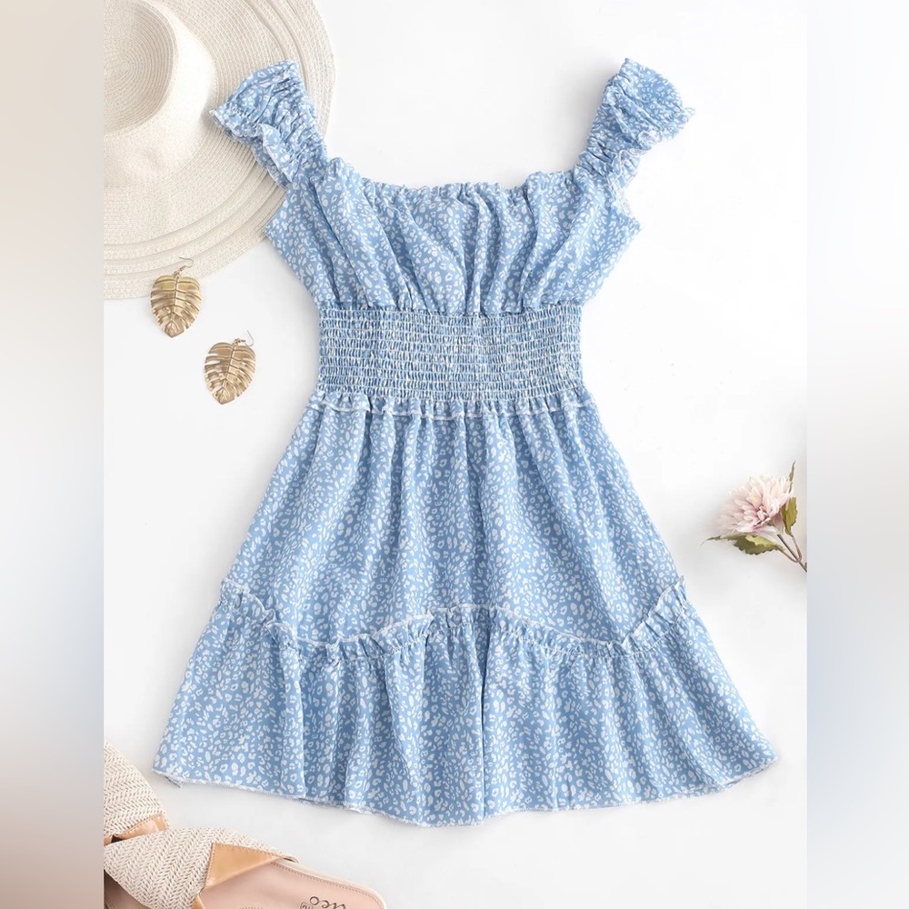 Smocked Printed Sleeveless A Line Dress - Light Blue S (Zaful) - Picture 2 of 11